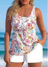 Lace Up Paisley Print White Tankini Set