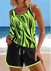 Patchwork Geometric Print Neon Green Tankini Set