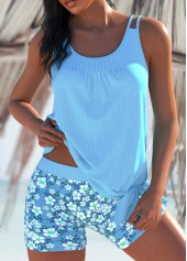 Ruched Ditsy Floral Print Light Blue Tankini Set