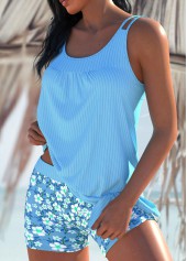 Ruched Ditsy Floral Print Light Blue Tankini Set | thumb picture 