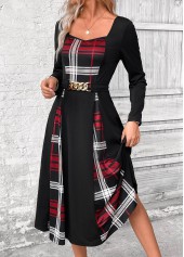 Black Patchwork Plaid Belted Long Sleeve Square Neck Dress | thumb picture 