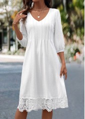 White Patchwork A Line 3/4 Sleeve V Neck Dress | thumb picture 
