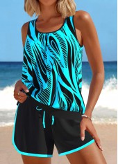Tummy Coverage Mid Waisted Geometric Print Cyan Tankini Set