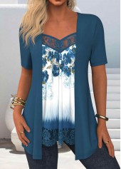 Peacock Blue Lace Floral Print Fake Two Piece Twinset