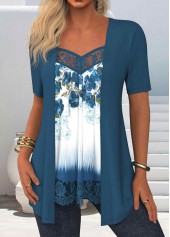 Peacock Blue Lace Floral Print Fake Two Piece Twinset | thumb picture 