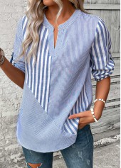 Dusty Blue Split Striped 3/4 Sleeve Blouse
