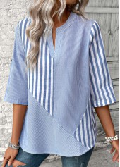 Dusty Blue Split Striped 3/4 Sleeve Blouse | thumb picture 
