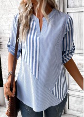 Dusty Blue Split Striped 3/4 Sleeve Blouse | thumb picture 