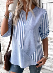 Dusty Blue Split Striped 3/4 Sleeve Blouse | thumb picture 