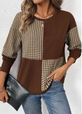 Dark Coffee Patchwork Plaid Long Sleeve Round Neck Sweatshirt