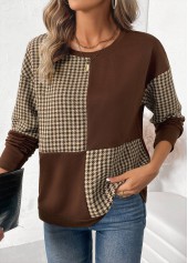 Dark Coffee Patchwork Plaid Long Sleeve Round Neck Sweatshirt | thumb picture 