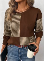 Dark Coffee Patchwork Plaid Long Sleeve Round Neck Sweatshirt | thumb picture 
