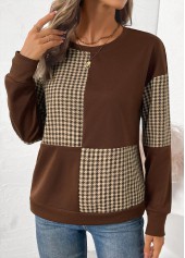 Dark Coffee Patchwork Plaid Long Sleeve Round Neck Sweatshirt | thumb picture 