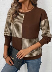 Dark Coffee Patchwork Plaid Long Sleeve Round Neck Sweatshirt | thumb picture 