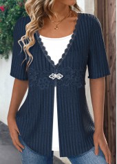 Navy Patchwork Short Sleeve Fake Two Piece Twinset