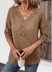 Dark Camel Embroidery Long Sleeve V Neck T Shirt | thumb picture 