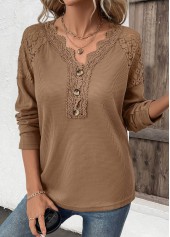 Dark Camel Embroidery Long Sleeve V Neck T Shirt | thumb picture 