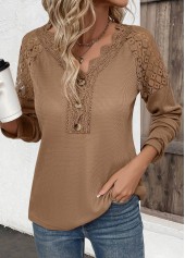 Dark Camel Embroidery Long Sleeve V Neck T Shirt