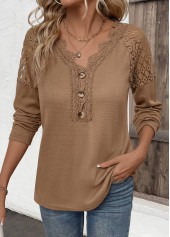 Dark Camel Embroidery Long Sleeve V Neck T Shirt | thumb picture 