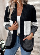 Black Pocket Patchwork Long Sleeve Cardigan
