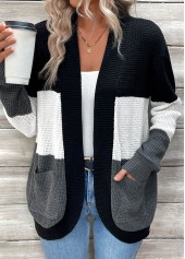 Black Pocket Patchwork Long Sleeve Cardigan | thumb picture 
