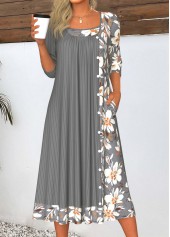 Dark Grey Patchwork Floral Print A Line Dress