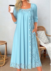 Light Blue Patchwork A Line 3/4 Sleeve Dress