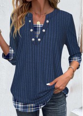 Dark Blue Patchwork Plaid 3/4 Sleeve T Shirt | thumb picture 