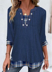 Dark Blue Patchwork Plaid 3/4 Sleeve T Shirt