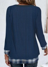 Dark Blue Patchwork Plaid 3/4 Sleeve T Shirt | thumb picture 