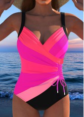 Drawstring Multi Stripe Print Hot Pink One Piece Swimwear