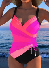 Drawstring Multi Stripe Print Hot Pink One Piece Swimwear | thumb picture 