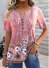 Pink Tuck Stitch Floral Print Short Sleeve T Shirt