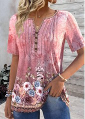 Pink Tuck Stitch Floral Print Short Sleeve T Shirt | thumb picture 