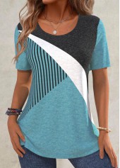 Turquoise Patchwork Geometric Print Short Sleeve T Shirt