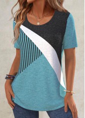 Turquoise Patchwork Geometric Print Short Sleeve T Shirt | thumb picture 