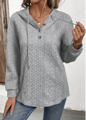 Grey Jacquard Button Long Sleeve Hoodie