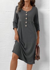 Dark Grey Marl Button Long Sleeve Scoop Neck Dress | thumb picture 