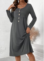 Dark Grey Marl Button Long Sleeve Scoop Neck Dress