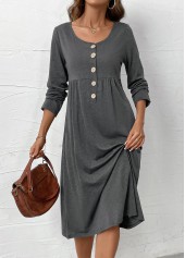 Dark Grey Marl Button Long Sleeve Scoop Neck Dress | thumb picture 