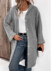 Grey Button Long Sleeve V Neck Cardigan