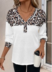 White Patchwork Leopard Long Sleeve V Neck T Shirt | thumb picture 