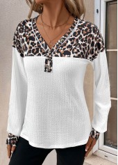 White Patchwork Leopard Long Sleeve V Neck T Shirt | thumb picture 