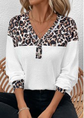 White Patchwork Leopard Long Sleeve V Neck T Shirt | thumb picture 