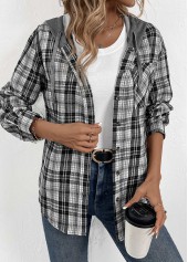 Black Button Plaid Long Sleeve Hoodie