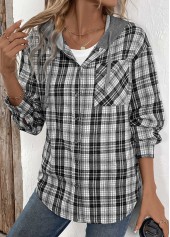 Black Button Plaid Long Sleeve Hoodie | thumb picture 
