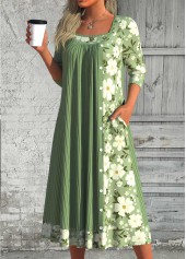 Green Patchwork Floral Print Long Sleeve Scoop Neck Dress | thumb picture 
