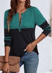 Black Patchwork Long Sleeve Split Neck T Shirt | thumb picture 
