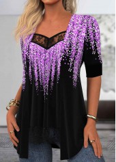 Purple Geometric Print Half Sleeve Fake Two Piece Twinset | thumb picture 