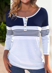 White Button Striped Long Sleeve Boat Neck T Shirt